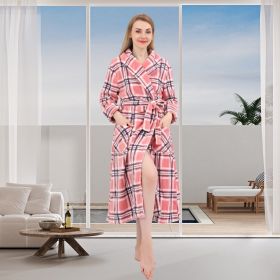 Women's Allover Print Shaggy Fleece Robe Warm Plush Long Bathrobe for Women shawl collar nightgown (Color: Check Print, size: L)