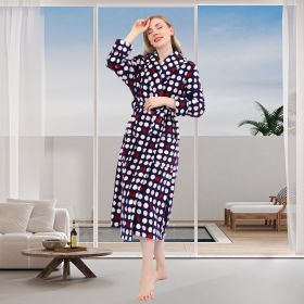 Women's Allover Print Shaggy Fleece Robe Warm Plush Long Bathrobe for Women shawl collar nightgown (Color: Navy Dots, size: S)
