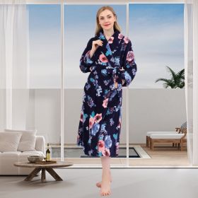 Women's Allover Print Shaggy Fleece Robe Warm Plush Long Bathrobe for Women shawl collar nightgown (Color: Rose Print, size: XXL)